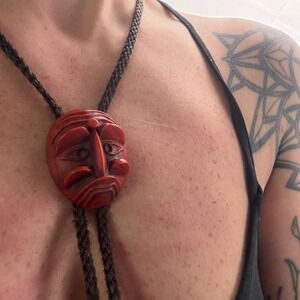 Vintage Hand Carved Mask Bolo Tie Red Wood Gothic Avant Garde Statement Art